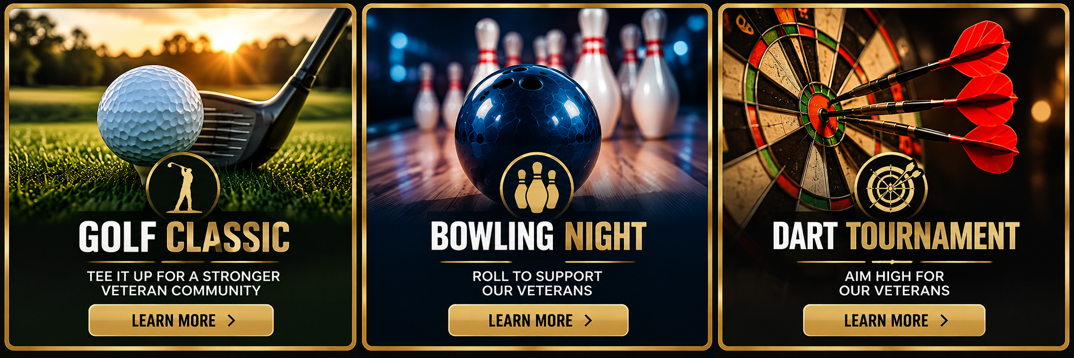Golf Classic, Bowling Night, and Dart Tournament. Select an event to learn more.